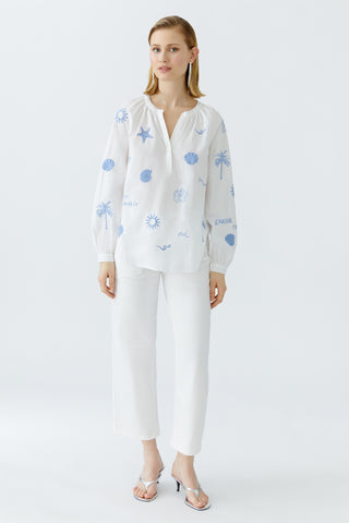 Oui Embroidered Pattern Blouse White Blue - MMJs Fashion
