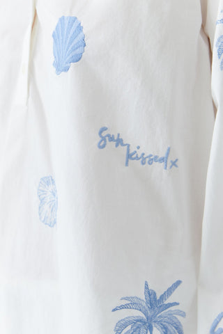 Oui Embroidered Pattern Blouse White Blue - MMJs Fashion