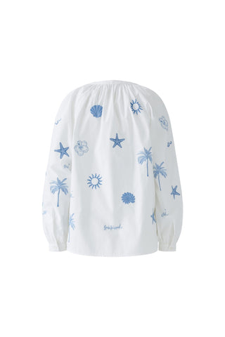 Oui Embroidered Pattern Blouse White Blue - MMJs Fashion
