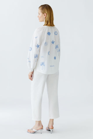 Oui Embroidered Pattern Blouse White Blue - MMJs Fashion