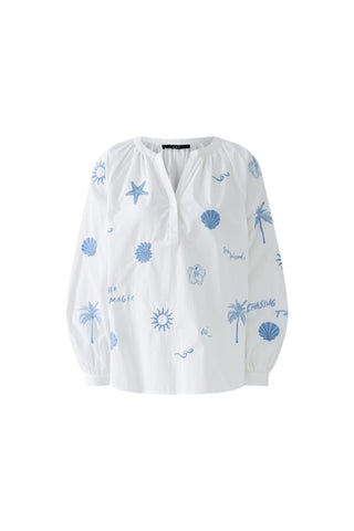 Oui Embroidered Pattern Blouse White Blue - MMJs Fashion