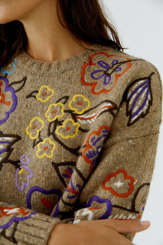 Oui Floral Embroidery Jumper Camel Purple - MMJs Fashion