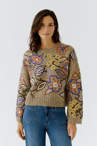 Oui Floral Embroidery Jumper Camel Purple - MMJs Fashion