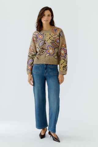 Oui Floral Embroidery Jumper Camel Purple - MMJs Fashion