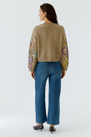 Oui Floral Embroidery Jumper Camel Purple - MMJs Fashion