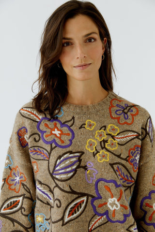 Oui Floral Embroidery Jumper Camel Purple - MMJs Fashion