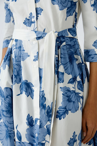 Oui Floral Print Midi Dress Blue White - MMJs Fashion
