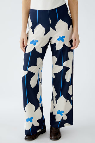Oui Floral Print Wide Leg Trousers Navy Blue Ivory - MMJs Fashion
