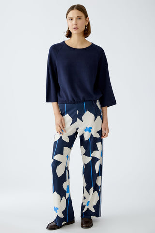 Oui Floral Print Wide Leg Trousers Navy Blue Ivory - MMJs Fashion