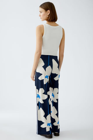 Oui Floral Print Wide Leg Trousers Navy Blue Ivory - MMJs Fashion