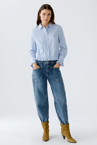 Oui Frill Trim Striped Blouse Blue - MMJs Fashion