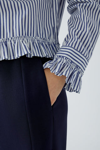 Oui Frill Trim Striped Blouse Blue White - MMJs Fashion