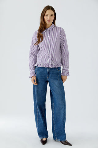 Oui Frill Trim Striped Blouse Violet White - MMJs Fashion
