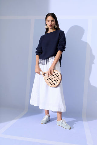 Oui Fringed Hem Jumper Navy Blue - MMJs Fashion