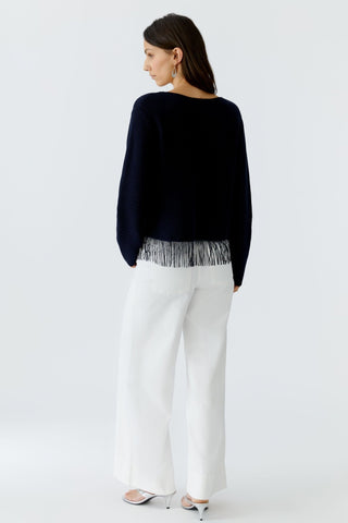 Oui Fringed Hem Jumper Navy Blue - MMJs Fashion