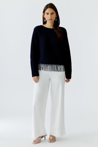 Oui Fringed Hem Jumper Navy Blue - MMJs Fashion