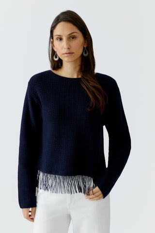 Oui Fringed Hem Jumper Navy Blue - MMJs Fashion