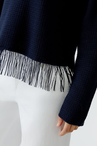 Oui Fringed Hem Jumper Navy Blue - MMJs Fashion