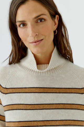 Oui Funnel Neck Striped Jumper Brown Beige - MMJs Fashion