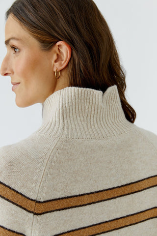 Oui Funnel Neck Striped Jumper Brown Beige - MMJs Fashion