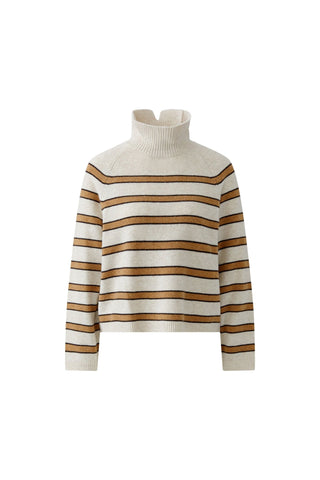 Oui Funnel Neck Striped Jumper Brown Beige - MMJs Fashion