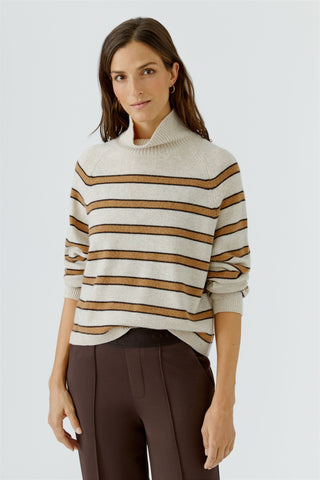 Oui Funnel Neck Striped Jumper Brown Beige - MMJs Fashion