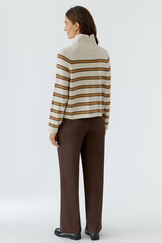 Oui Funnel Neck Striped Jumper Brown Beige - MMJs Fashion
