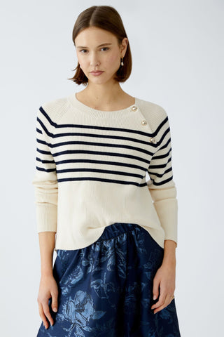Oui Gold Button Striped Jumper Ivory Blue - MMJs Fashion