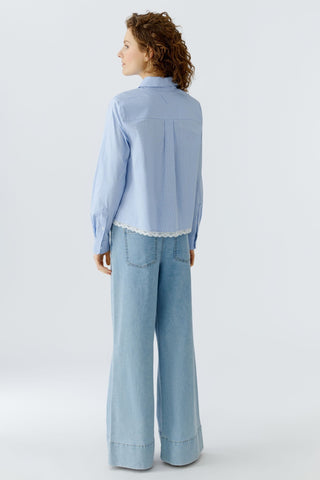 Oui Lace Trim Checked Blouse Blue White - MMJs Fashion
