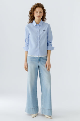 Oui Lace Trim Checked Blouse Blue White - MMJs Fashion