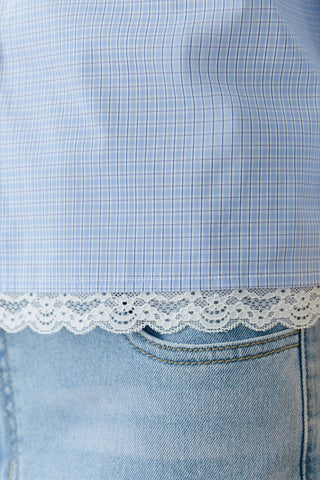 Oui Lace Trim Checked Blouse Blue White - MMJs Fashion