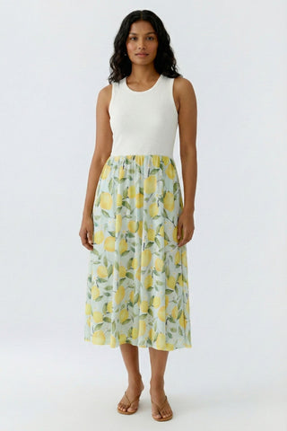 Oui Lemon Print Midi Dress Yellow Green - MMJs Fashion