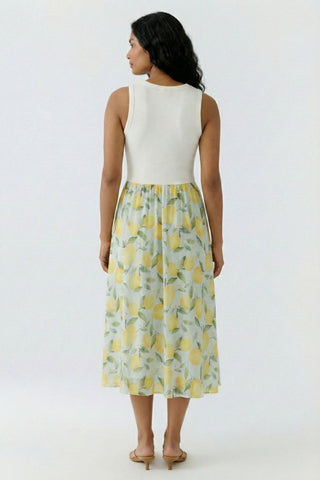 Oui Lemon Print Midi Dress Yellow Green - MMJs Fashion