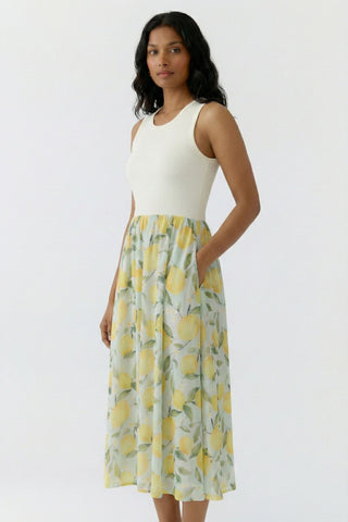 Oui Lemon Print Midi Dress Yellow Green - MMJs Fashion