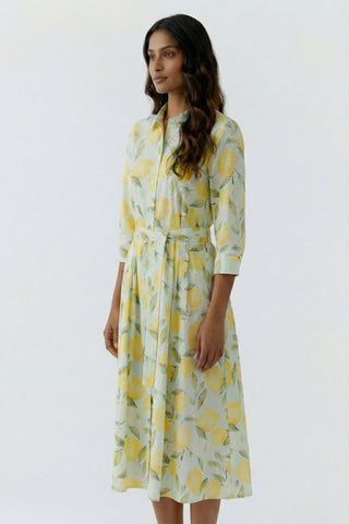 Oui Lemon Print Shirt Dress Yellow Green - MMJs Fashion