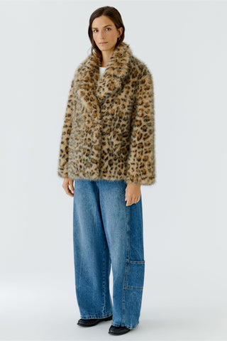 Oui Leopard Print Faux Fur Jacket Grey Beige - MMJs Fashion