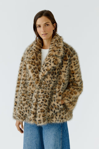 Oui Leopard Print Faux Fur Jacket Grey Beige - MMJs Fashion