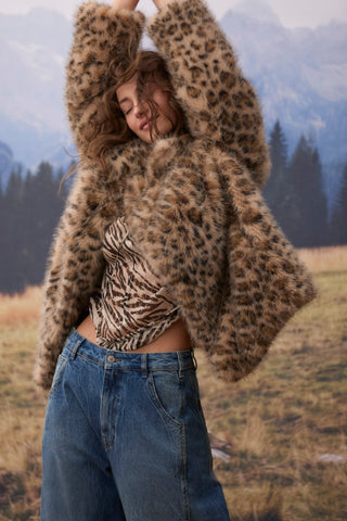 Oui Leopard Print Faux Fur Jacket Grey Beige - MMJs Fashion