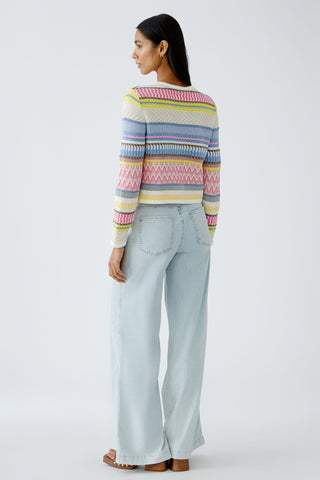 Oui Mixed Knit Pattern Cardigan Pink Blue Yellow - MMJs Fashion