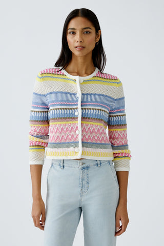 Oui Mixed Knit Pattern Cardigan Pink Blue Yellow - MMJs Fashion