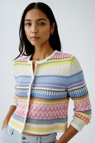 Oui Mixed Knit Pattern Cardigan Pink Blue Yellow - MMJs Fashion