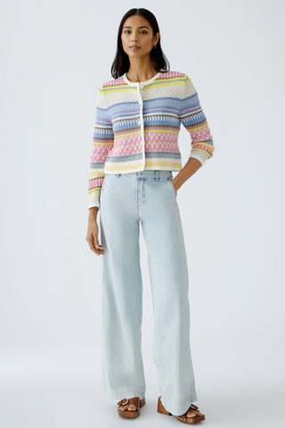 Oui Mixed Knit Pattern Cardigan Pink Blue Yellow - MMJs Fashion