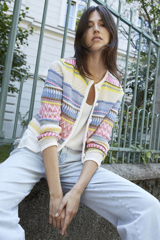 Oui Mixed Knit Pattern Cardigan Pink Blue Yellow - MMJs Fashion