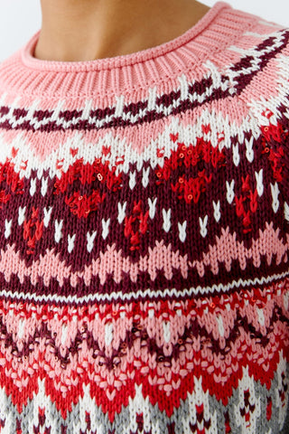 Oui Norwegian Jumper Cardigan Grey Red Pink - MMJs Fashion