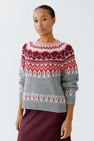 Oui Norwegian Jumper Cardigan Grey Red Pink - MMJs Fashion