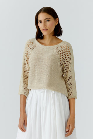Oui Open Weave Sleeves Jumper Beige - MMJs Fashion