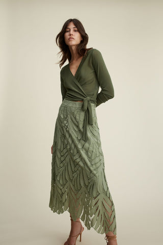 Oui Openwork Leaf Pattern Maxi Skirt Green - MMJs Fashion