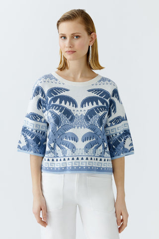 Oui Palm Tree Pattern Jumper Blue White - MMJs Fashion