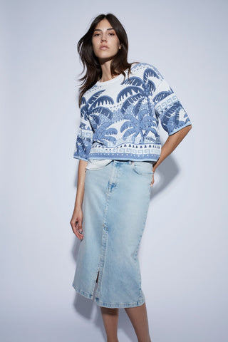 Oui Palm Tree Pattern Jumper Blue White - MMJs Fashion