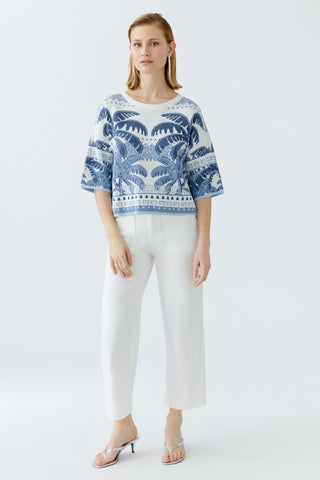 Oui Palm Tree Pattern Jumper Blue White - MMJs Fashion